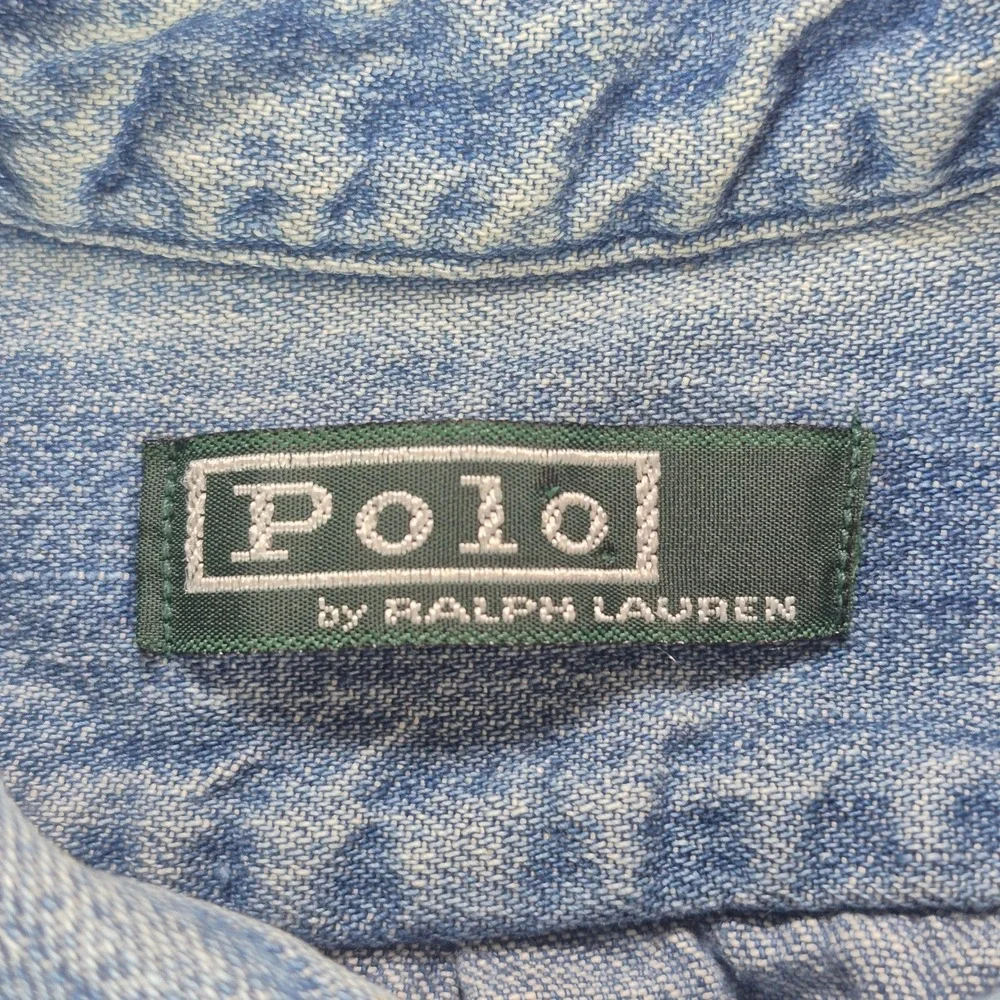 Vintage Polo Ralph Lauren Denim Shirt Mens Small Button Down Pony 80s Green Tag